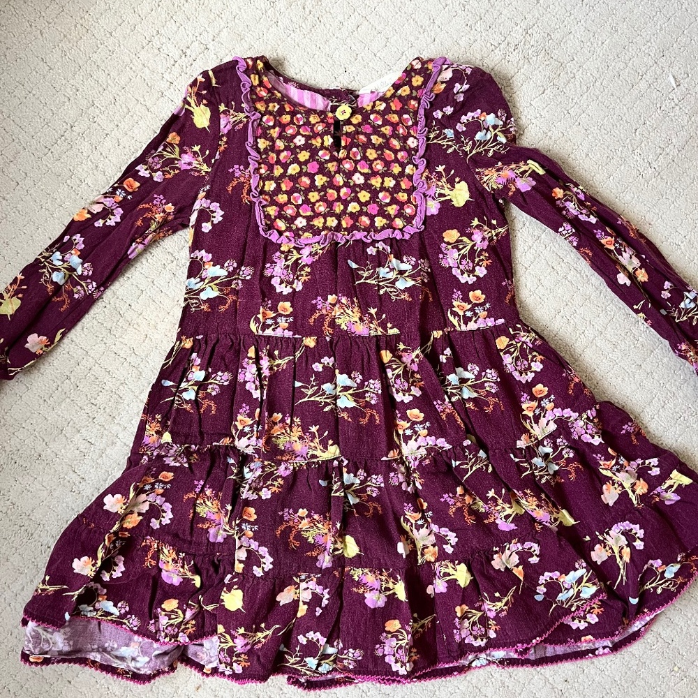 Girls Boho Floral Tiered Dress Cottagecore Prairie Ruffle Long Sleeve Burgundy 8